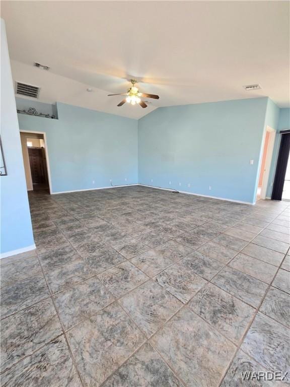 unfurnished room featuring a ceiling fan, visible vents, and vaulted ceiling