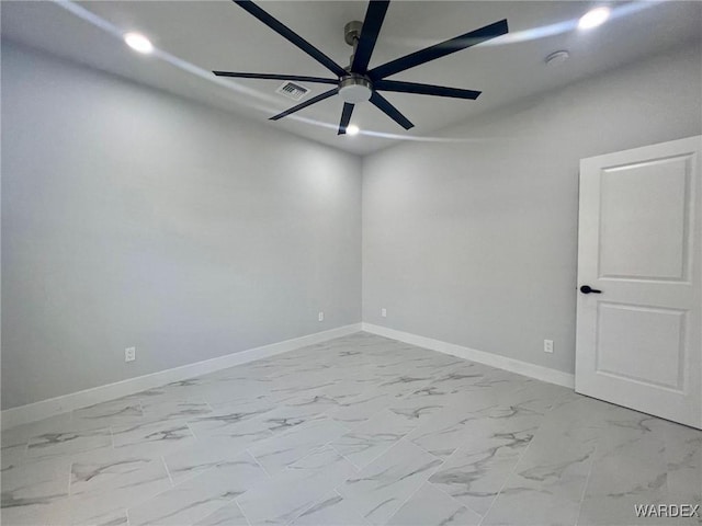 spare room featuring recessed lighting, a ceiling fan, visible vents, baseboards, and marble finish floor