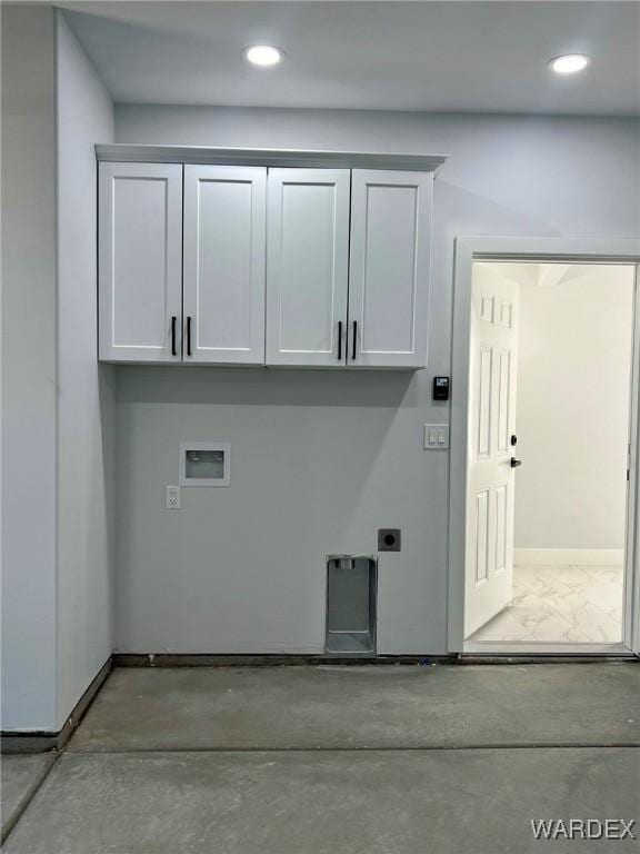 laundry area with washer hookup, cabinet space, electric dryer hookup, and recessed lighting