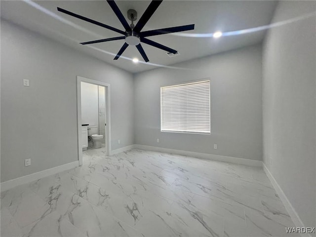 spare room with ceiling fan, recessed lighting, visible vents, baseboards, and marble finish floor