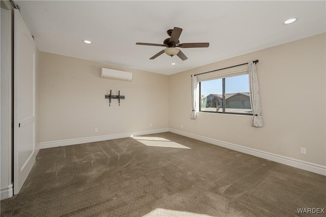 empty room featuring baseboards, a ceiling fan, carpet, a wall mounted AC, and recessed lighting