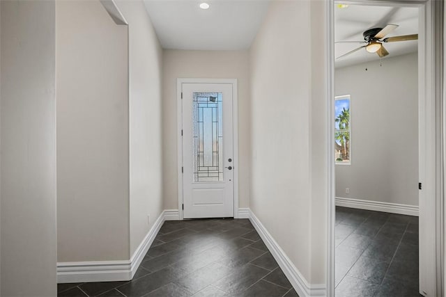6068 S Greenhorn Dr, Fort Mohave, AZ 86426 - entryway featuring dark tile patterned floors, baseboards, ceiling fan, and recessed lighting