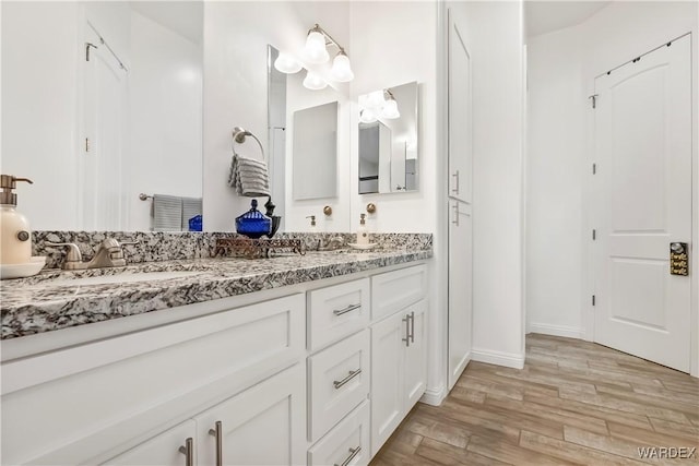 bathroom featuring a closet, double vanity, a sink, and wood finished floors