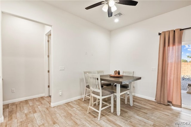 dining room featuring light wood finished floors, baseboards, visible vents, and ceiling fan