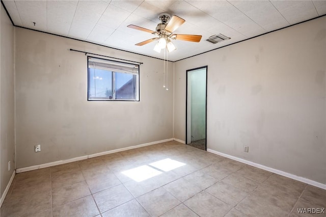 empty room with visible vents, baseboards, and ceiling fan