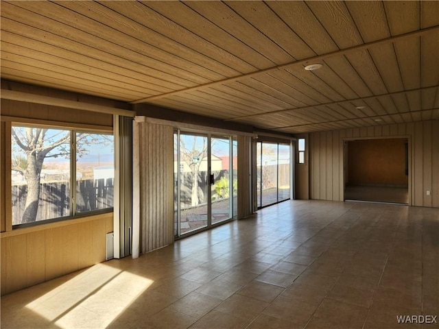 unfurnished room featuring wood ceiling and wooden walls