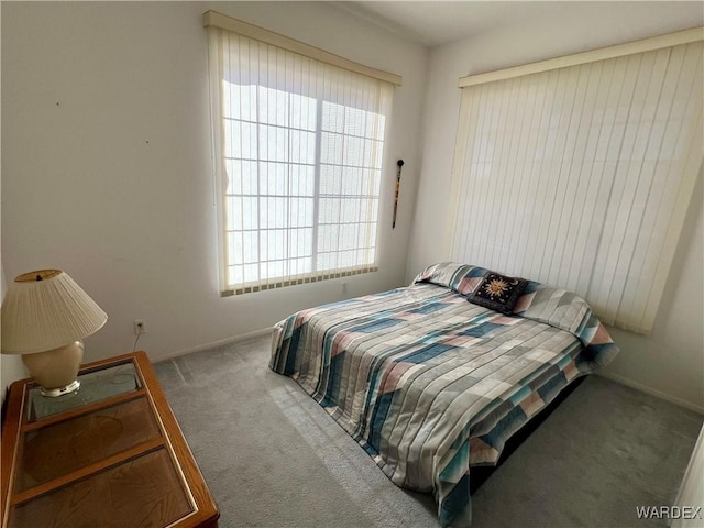 bedroom with carpet flooring, baseboards, and multiple windows