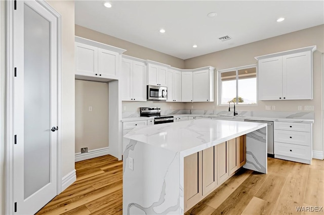 kitchen with stainless steel appliances, a kitchen island, a sink, visible vents, and white cabinets