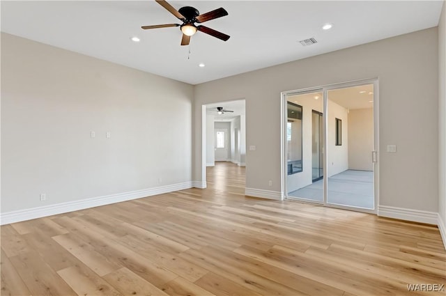 unfurnished bedroom with recessed lighting, baseboards, visible vents, and light wood finished floors