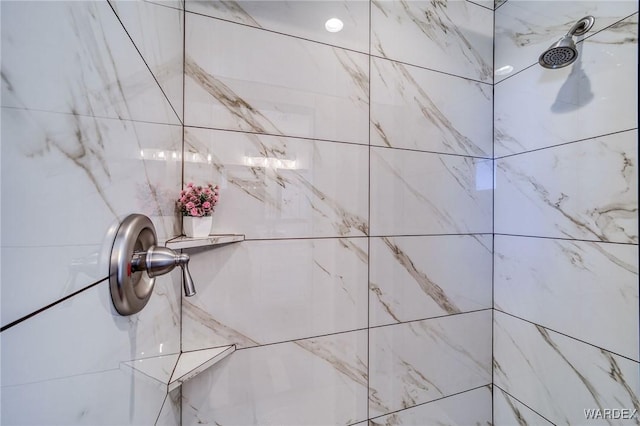 interior details featuring a tile shower