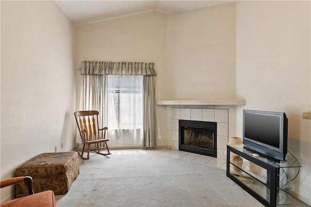 3628 N Venus Ct, Golden Valley, AZ 86413 - sitting room featuring carpet flooring, lofted ceiling, and a fireplace