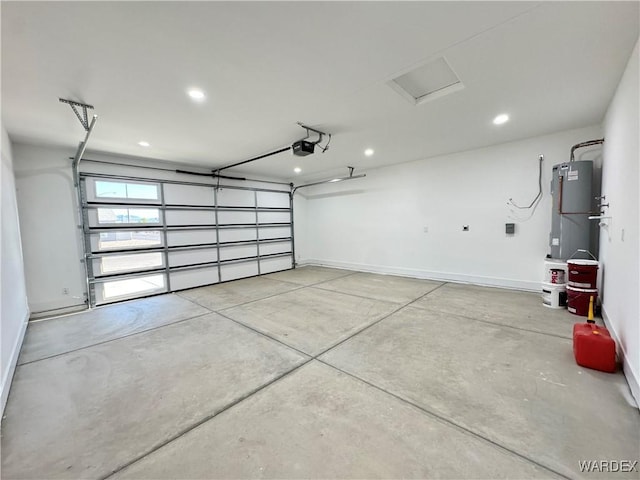 garage with heating unit, recessed lighting, baseboards, and a garage door opener