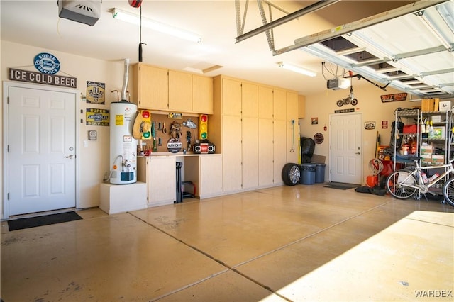 garage with a garage door opener and gas water heater