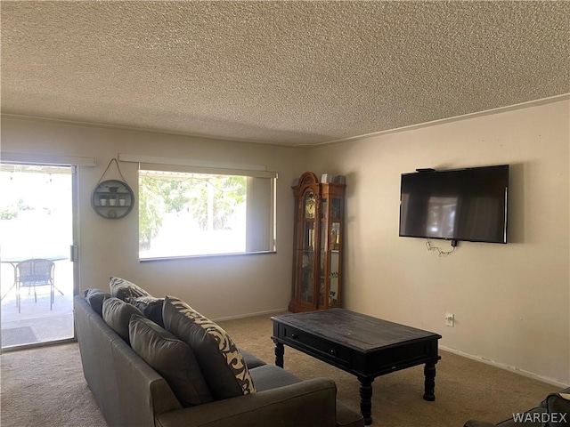 carpeted living room with baseboards and a textured ceiling