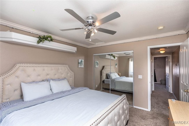 bedroom featuring crown molding, a closet, baseboards, and dark colored carpet