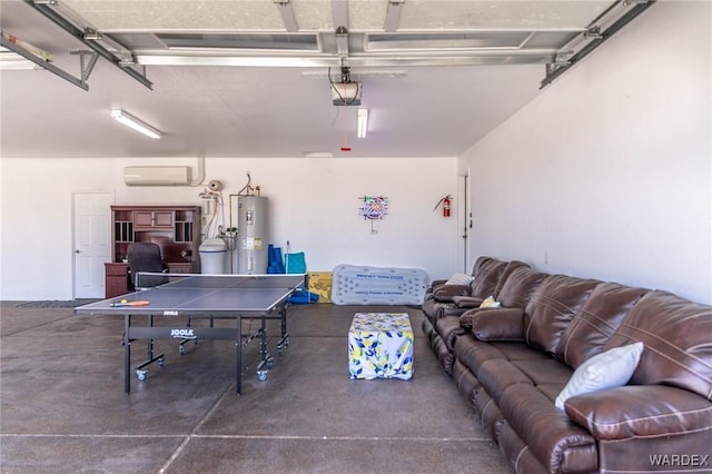 garage featuring water heater, a garage door opener, and a wall unit AC