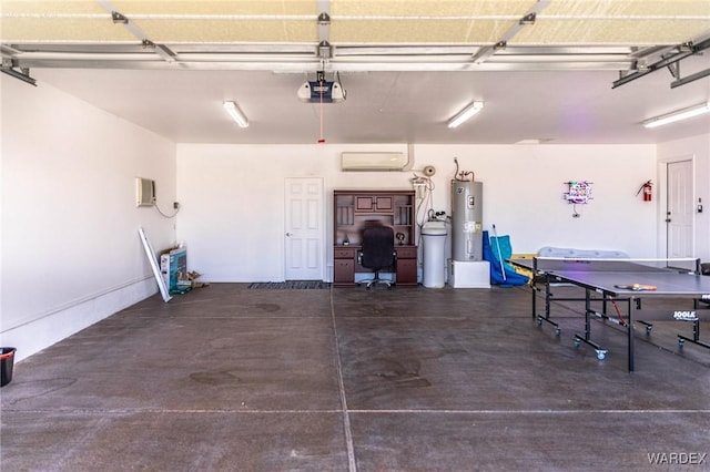 garage with electric water heater and a garage door opener