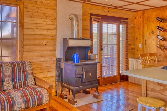 living area with a wood stove, wooden walls, and wood finished floors