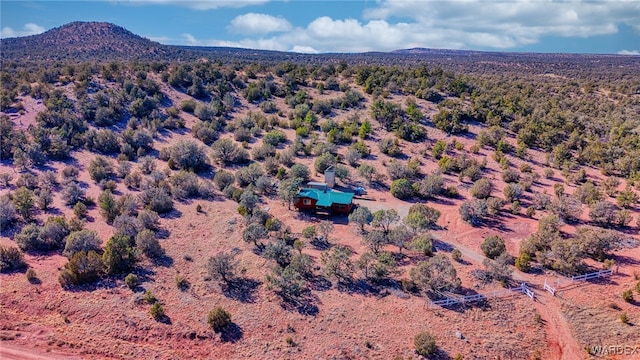 birds eye view of property with a mountain view and a wooded view