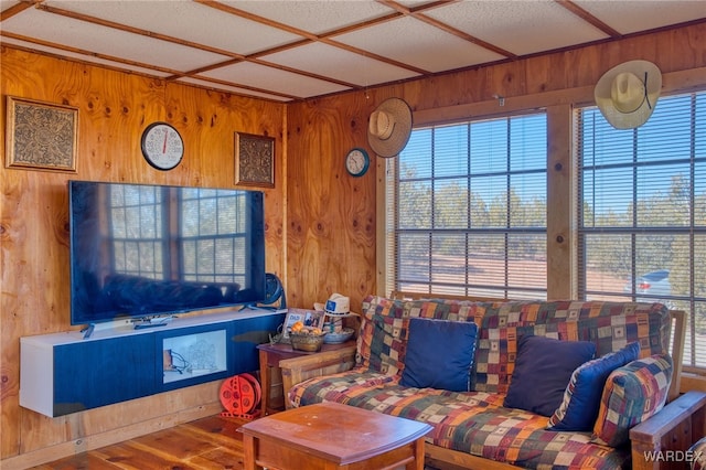 living room featuring wooden walls and wood finished floors