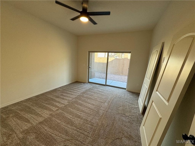 unfurnished bedroom featuring access to exterior, light colored carpet, baseboards, and a ceiling fan