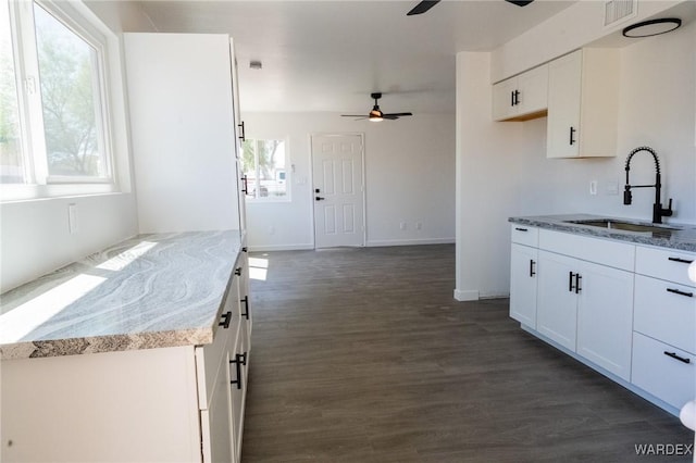 kitchen featuring visible vents, a sink, white cabinetry, and ceiling fan