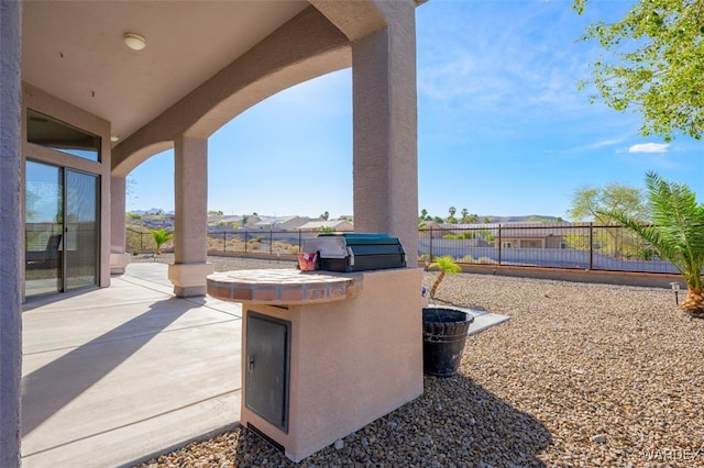 view of patio featuring a fenced backyard and exterior kitchen