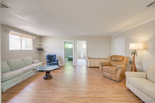 living area featuring a wealth of natural light, light wood finished floors, and visible vents