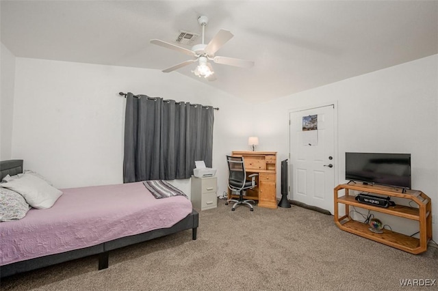 4804 S Baronsgate Way, Fort Mohave, AZ 86426 - carpeted bedroom with visible vents, vaulted ceiling, and a ceiling fan