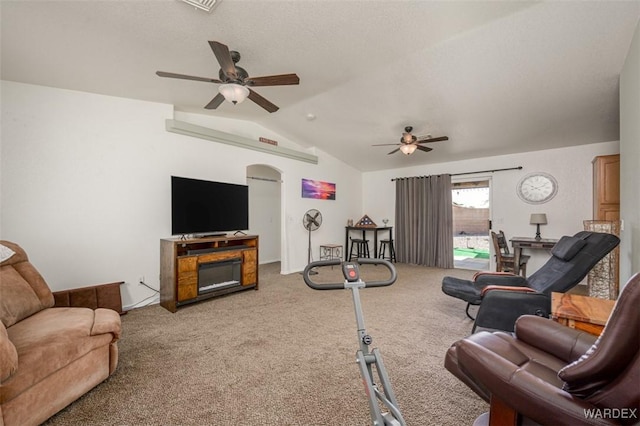 4804 S Baronsgate Way, Fort Mohave, AZ 86426 - living area with carpet floors, a ceiling fan, and vaulted ceiling