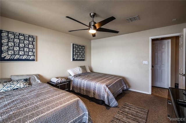 bedroom with visible vents, dark carpet, baseboards, and ceiling fan