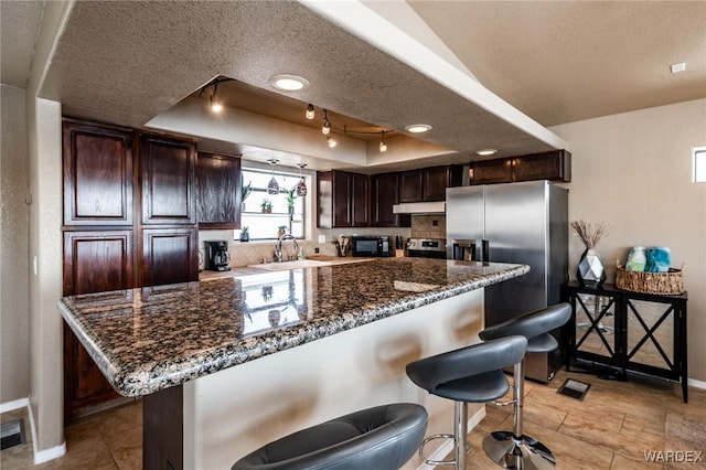 kitchen featuring appliances with stainless steel finishes, a tray ceiling, under cabinet range hood, a kitchen bar, and a sink