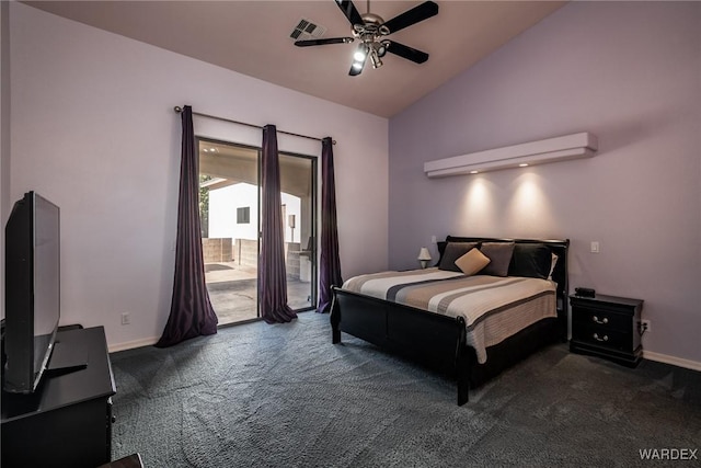 bedroom with baseboards, visible vents, access to exterior, vaulted ceiling, and dark carpet