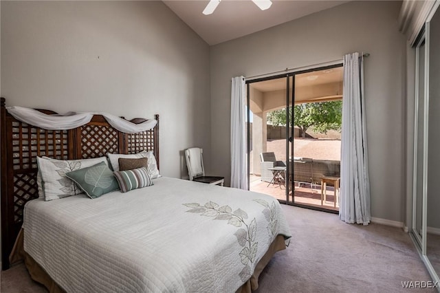 bedroom featuring baseboards, a ceiling fan, light colored carpet, access to exterior, and vaulted ceiling