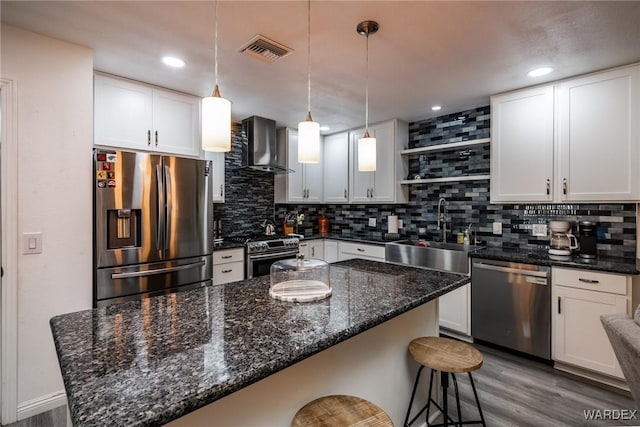 kitchen featuring stainless steel appliances, visible vents, white cabinetry, wall chimney range hood, and open shelves