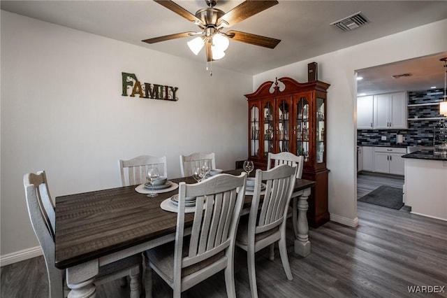 dining area with ceiling fan, dark wood-type flooring, visible vents, and baseboards