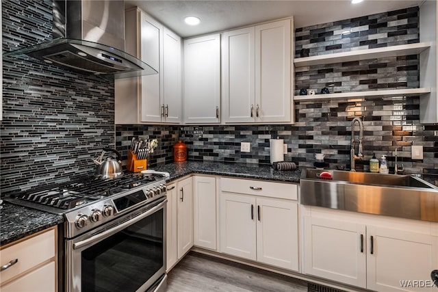 kitchen with white cabinetry, open shelves, island range hood, and gas range