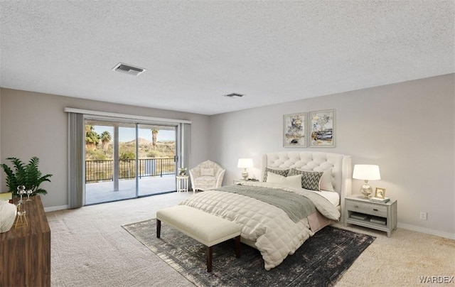 bedroom featuring access to exterior, visible vents, light carpet, and baseboards