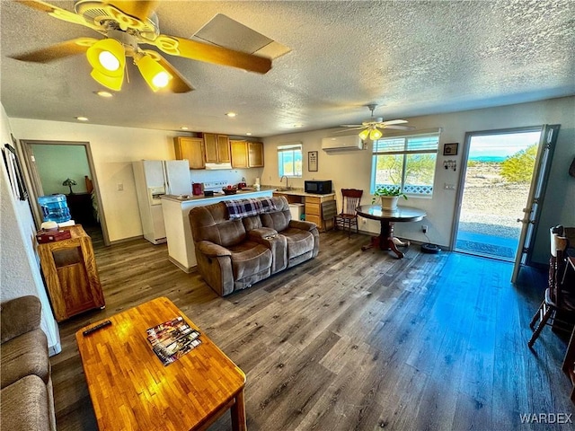 living area featuring dark wood-style floors, a textured ceiling, a wall mounted air conditioner, and baseboards