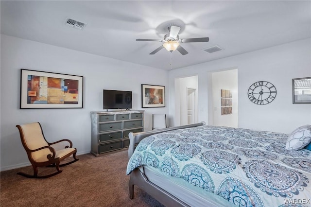 bedroom featuring a ceiling fan, carpet, visible vents, and baseboards