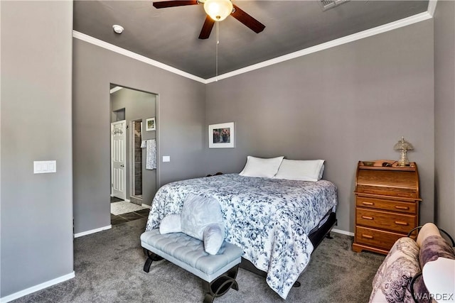 bedroom featuring ornamental molding, dark colored carpet, and baseboards