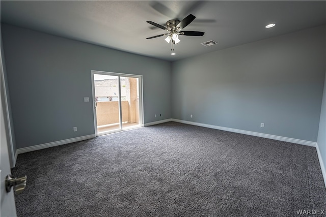 empty room featuring recessed lighting, a ceiling fan, visible vents, baseboards, and dark carpet