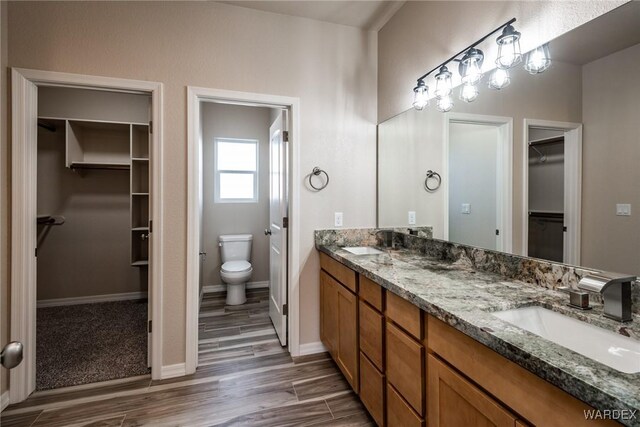 full bath featuring a spacious closet, double vanity, and a sink