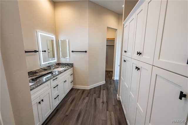 full bathroom with wood finished floors, a sink, baseboards, a spacious closet, and double vanity