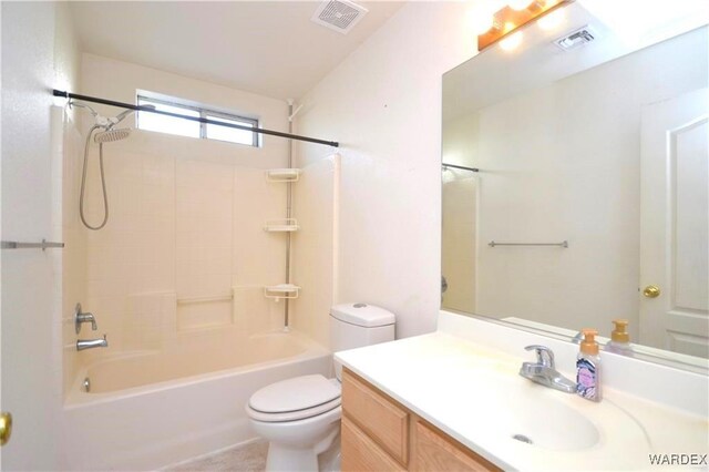 bathroom with  shower combination, visible vents, toilet, and vanity