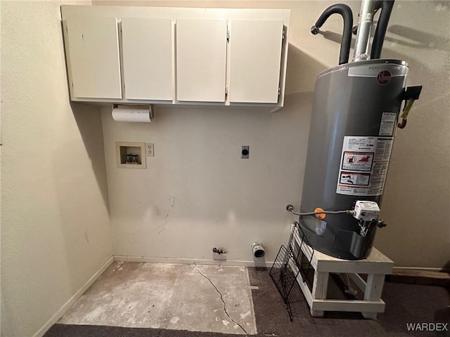 clothes washing area featuring hookup for a washing machine, hookup for a gas dryer, cabinet space, water heater, and electric dryer hookup