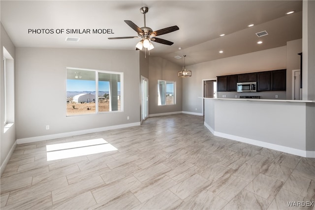 unfurnished living room with lofted ceiling, ceiling fan, visible vents, and recessed lighting