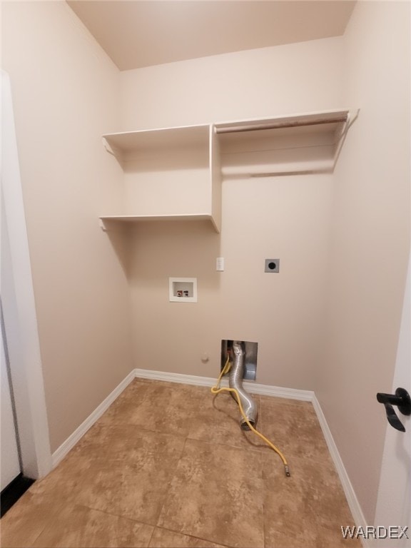 laundry room with hookup for a washing machine, hookup for a gas dryer, hookup for an electric dryer, laundry area, and baseboards