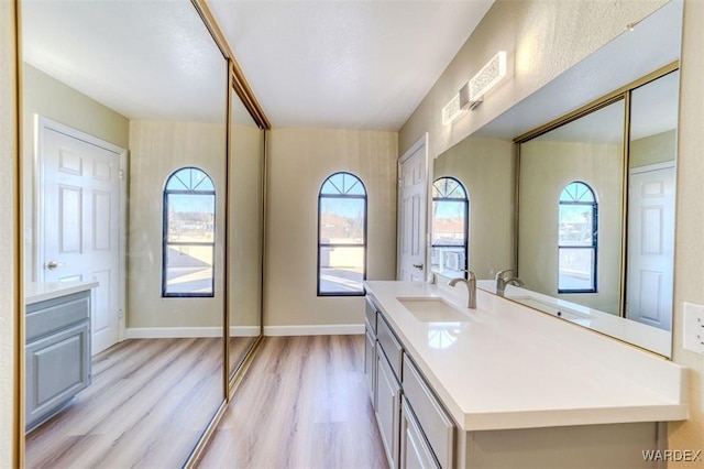 full bath featuring wood finished floors, vanity, a wealth of natural light, and baseboards