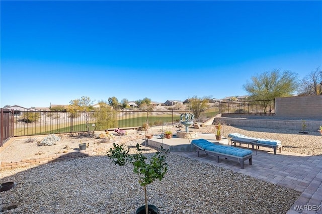 view of yard with a fenced backyard and a patio